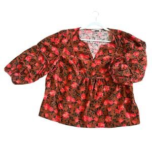 Women's Sonoma 1X Plus Sz Floral Bubble Sleeve Blouse Top Orange Red Green Boho